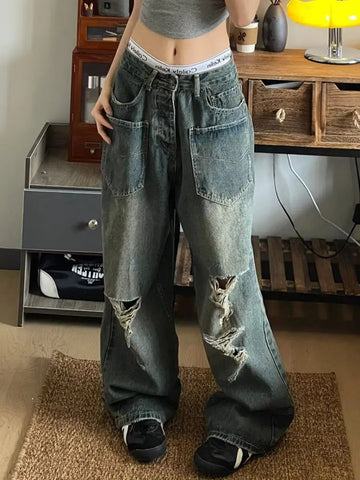 European and American Summer HipHop Men and Women Trendy Personalized Straight Tube Washed Jeans Couple Loose Retro Casual Pants